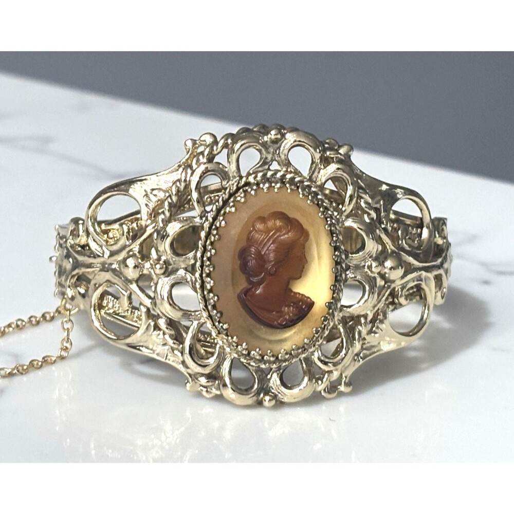 Vintage Whiting Davis Cameo Bracelet Gold Tone Filigree Hinged Clamper 6.75"